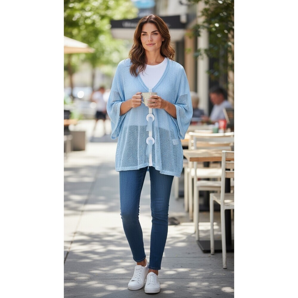 Noelle One Size Sheer Topper Blue Lightweight Breathable 3/4 Sleeve Blouse